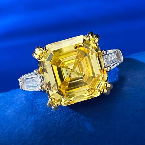 Asscher Cut Yellow Rhinestone Ring 925 Sterling Silver Three Stone Design Luxurious Engagement Jewelry Gift For Women