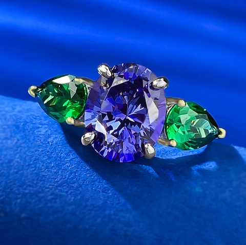 Bague en Argent Sterling S925 Trois Pierres Ovale Bleu Tanzanite Et Strass Vert Poire Couleur Mixte Bijoux de Mode Occidentale Femme