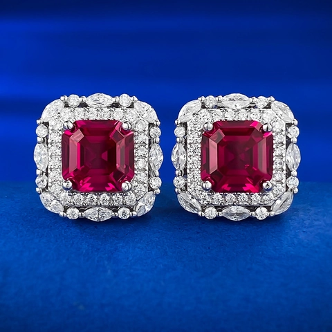 Luxury 925 Sterling Silver Square Red Rhinestone Stud Earrings For Women Elegant Geometric Halo Inlaid Ear Jewelry Gift