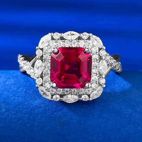 925 Sterling Silver Emerald Cut Red Rhinestone Ring For Women European Luxury Geometric Inlaid Wedding Banquet Finger Jewelry