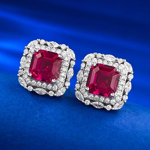 Luxury 925 Sterling Silver Square Red Rhinestone Stud Earrings For Women Elegant Geometric Halo Inlaid Ear Jewelry Gift