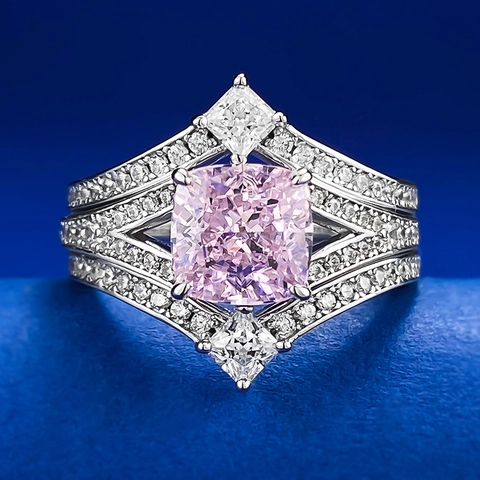 Luxury 925 Sterling Silver Pink Rhinestone Ring Set Princess Style Cushion Cut Geometric Wedding Band Jewelry For Women