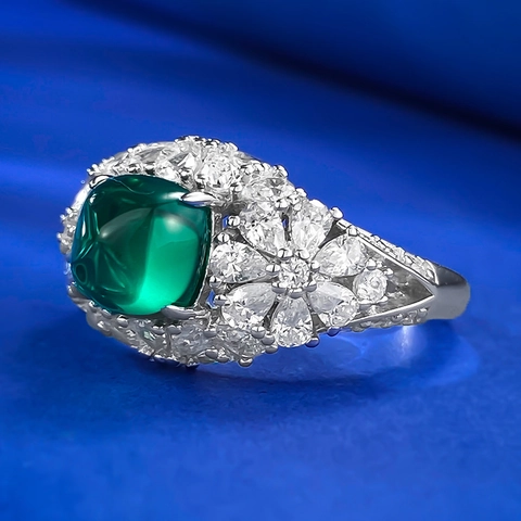 Vintage Luxury 925 Sterling Silver Emerald Look Green Rhinestone Ring For Women Halo Square Cut Geometric Finger Ring Jewelry
