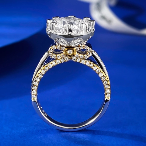 Luxury 925 Sterling Silver Halo Ring For Women Round Rhinestone Bow Setting Two Tone Gold Silver Inlaid Inlaid Fashion Ring