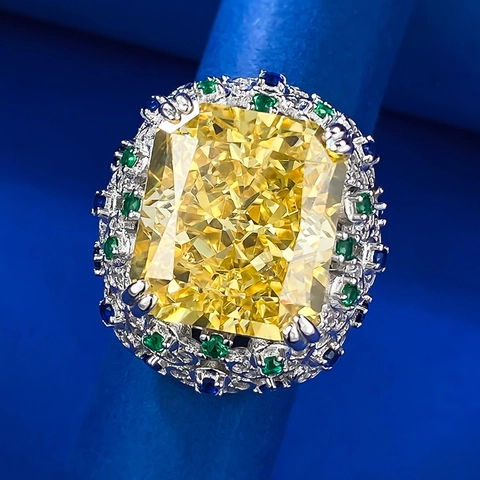 Luxurious 925 Sterling Silver Radiant Cut Yellow Rhinestone Ring With Multi Color Side Stones Vintage Halo Cocktail Ring
