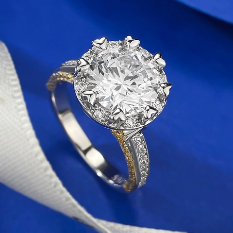 Luxury 925 Sterling Silver Halo Ring For Women Round Rhinestone Bow Setting Two Tone Gold Silver Inlaid Inlaid Fashion Ring