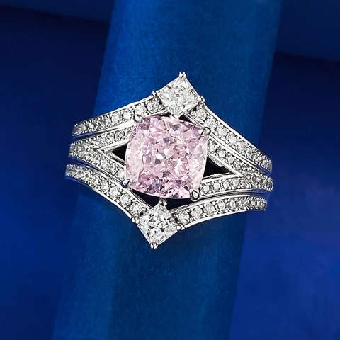 Luxury 925 Sterling Silver Pink Rhinestone Ring Set Princess Style Cushion Cut Geometric Wedding Band Jewelry For Women
