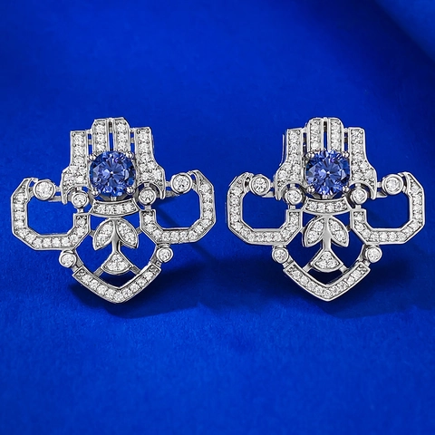 925 Sterling Silver Vintage Art Deco Geometric Stud Earrings Round Cut Blue Red Stone Rhinestone Earrings For Women Jewelry