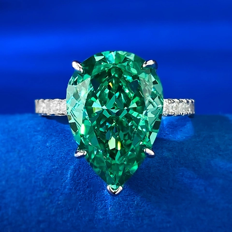 Vintage 925 Sterling Silver Emerald Green Pear Cut Gemstone Ring Waterdrop Inlaid Rhinestone Wedding Jewelry For Women