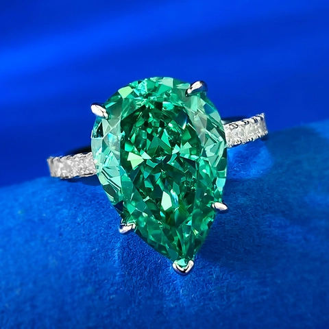 Vintage 925 Sterling Silver Emerald Green Pear Cut Gemstone Ring Waterdrop Inlaid Rhinestone Wedding Jewelry For Women