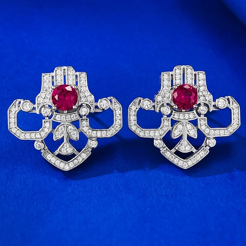 925 Sterling Silver Vintage Art Deco Geometric Stud Earrings Round Cut Blue Red Stone Rhinestone Earrings For Women Jewelry
