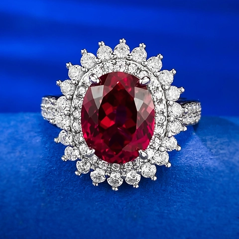 925 Sterling Silver Oval Pigeon Blood Red Rhinestone Ring For Women Luxury Cluster Flower Halo Engagement Wedding Band Jewelry Gift