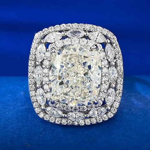 Luxury 925 Sterling Silver Cushion Cut Rhinestone Ring For Women Double Halo Inlaid Engagement Wedding Jewelry Finger Ring