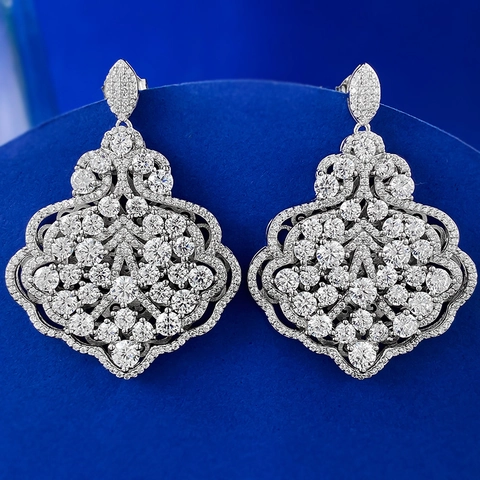 925 Sterling Silver Leaf Drop Earrings For Women Luxury Full Rhinestone Inlaid Hollow Baroque Palace Style Bridal Jewelry