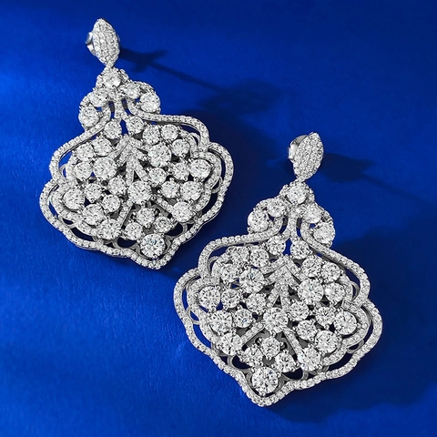 925 Sterling Silver Leaf Drop Earrings For Women Luxury Full Rhinestone Inlaid Hollow Baroque Palace Style Bridal Jewelry