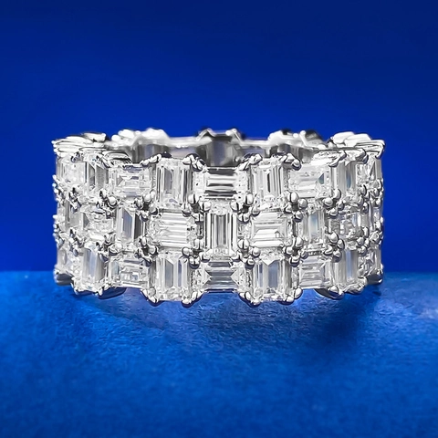 Luxury 925 Sterling Silver Emerald Cut Zirconia Eternity Ring Three Row Inlaid Rectangular Stone Finger Ring For Women Jewelry