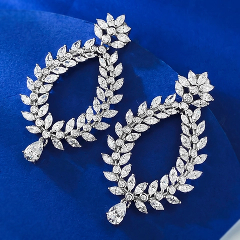 925 Sterling Silver Luxurious Marquise Rhinestone Drop Earrings For Women Elegant Laurel Leaf Banquet Wedding Jewelry Earrings