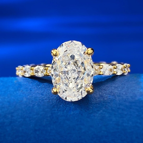 Luxuriöser 925 Sterlingsilber Ring Mit Ovalem Strass Gold Vergoldet Vier-Zinken-Fassung Mode Westlicher Fingerring Damen Schmuck
