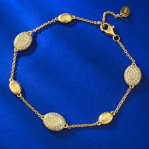 Bracciale a Maglia Ovale Spazzolata in Argento Sterling 925 Bohemienne per Uomo Donna Oro Incastonato Strass Bianchi Catena Regolabile Gioielli