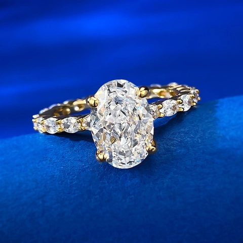 Luxuriöser 925 Sterlingsilber Ring Mit Ovalem Strass Gold Vergoldet Vier-Zinken-Fassung Mode Westlicher Fingerring Damen Schmuck
