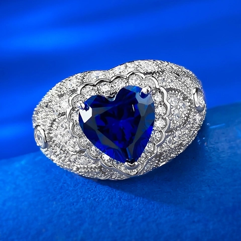 Anello in Argento Sterling 925 a Cuore Blu Zaffiro Simulato con Strass Intarsiati Elegante Gioielli per Fidanzamento Donna