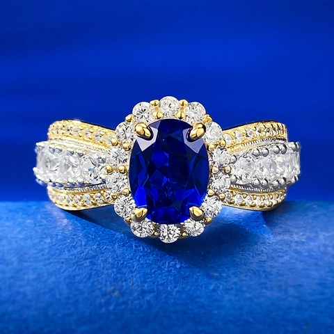 Luxury 925 Sterling Silver Two-Tone Ring With Oval Blue Zirconia Vintage Lace Edge Cocktail Ring For Women Party Jewelry