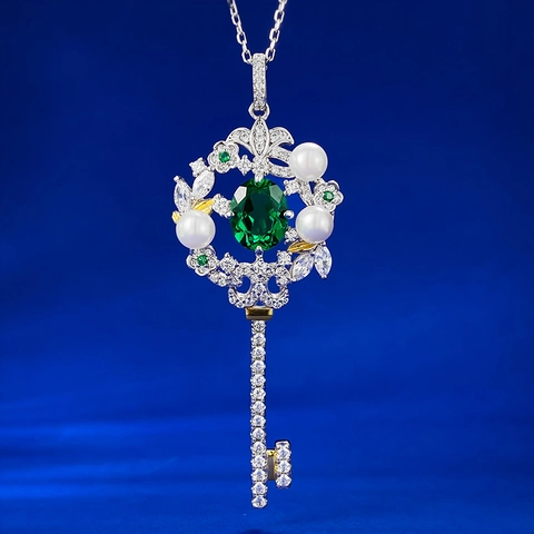 Collana con Ciondolo a Chiave in Argento Sterling 925 per Donna con Smeraldo Simulato Perle Artificiali e Strass Gioielli
