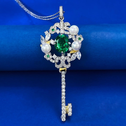 Collana con Ciondolo a Chiave in Argento Sterling 925 per Donna con Smeraldo Simulato Perle Artificiali e Strass Gioielli