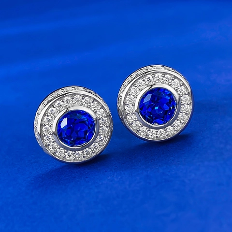 Orecchini a Bottone Halo in Argento Sterling 925 con Zirconia Blu Taglio Rotondo Gioielli Scintillanti per Donna Matrimonio