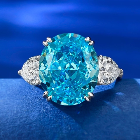 Vintage 925 Sterling Silver Aquamarine Blue Rhinestone Oval Three Stone Engagement Ring For Women Fashion Jewelry Accessory