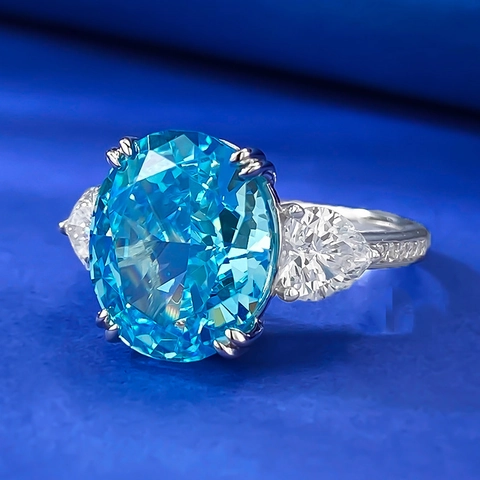 Vintage 925 Sterling Silver Aquamarine Blue Rhinestone Oval Three Stone Engagement Ring For Women Fashion Jewelry Accessory
