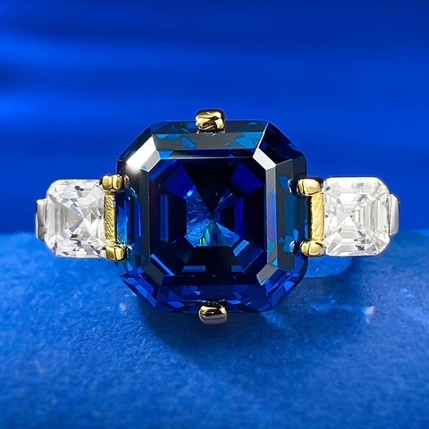 925 Sterlingsilber Königsblau Asscher-Schliff Zirkonia Drei-Stein-Ring Für Damen Luxusmode Zweifarbiger Pendler-Schmuck