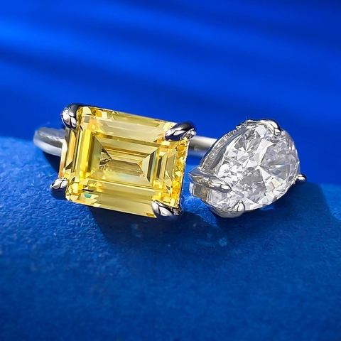 925 Sterling Silver Toi Et Moi Open Ring Emerald Cut Yellow Pink Rhinestone Pear Shape Clear Stone Fashion Jewelry For Women