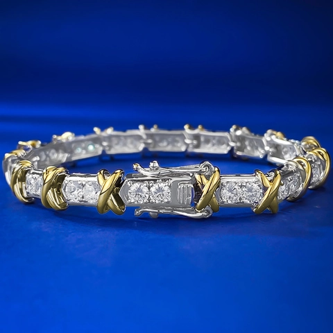 Bracelet à Maillons en X en Argent Sterling 925 Bicolore de Luxe Vintage Incrusté de Strass Bracelet Chaîne pour Femme Bijoux de Banquet