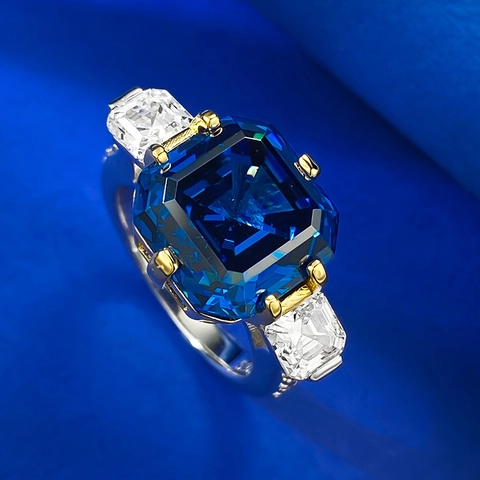 925 Sterlingsilber Königsblau Asscher-Schliff Zirkonia Drei-Stein-Ring Für Damen Luxusmode Zweifarbiger Pendler-Schmuck