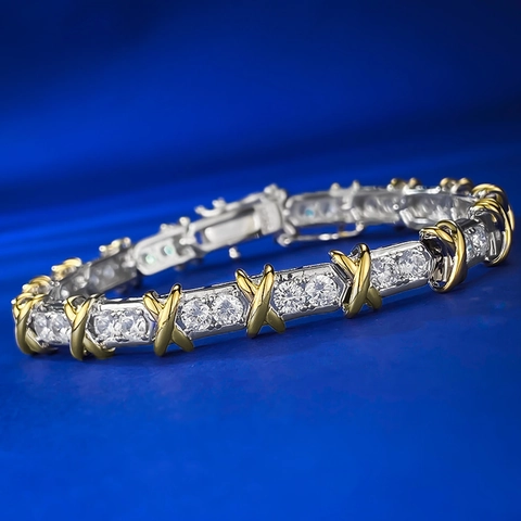 Bracelet à Maillons en X en Argent Sterling 925 Bicolore de Luxe Vintage Incrusté de Strass Bracelet Chaîne pour Femme Bijoux de Banquet