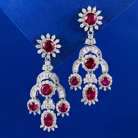 Vintage Palast S925 Sterlingsilber Ohrhänger Für Damen Luxuriös Rot Blau Strass Eingelegte Kronleuchter Schmuck Ohrringe