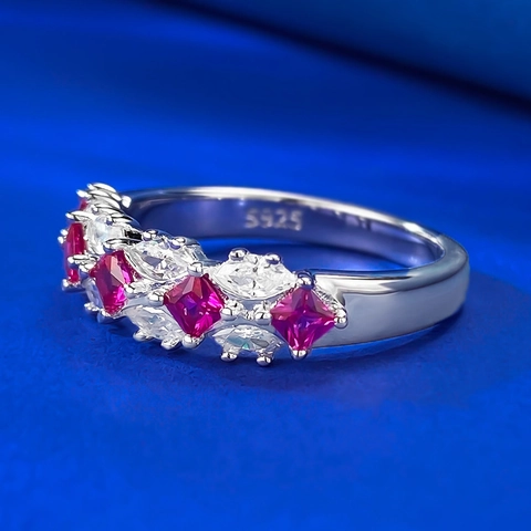 S925 Sterling Silver Red Rhinestone Eternity Ring Square Geometric Multi Row Inlaid Fashion Finger Ring For Women Party Jewelry