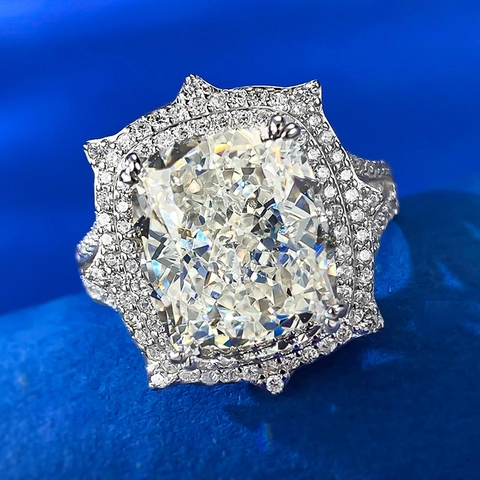 Luxurious 925 Sterling Silver Cushion Cut Rhinestone Ring Vintage Double Halo Geometric Party Jewelry Ring For Women