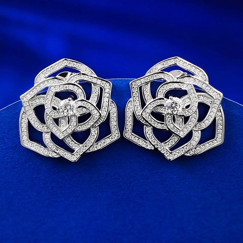 Orecchini a Bottone in Argento Sterling 925 con Fiore di Camelia e Rosa Orecchini di Lusso con Strass Gioielli da Donna