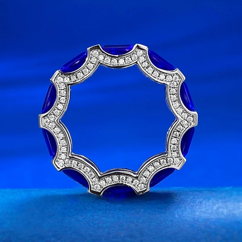 Anello Eternity in Argento Sterling S925 Blu Reale Strass Lusso Geometrico a Onde a Forma di U per Donna Gioielli da Sposa