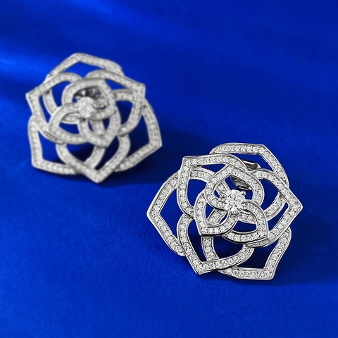 Orecchini a Bottone in Argento Sterling 925 con Fiore di Camelia e Rosa Orecchini di Lusso con Strass Gioielli da Donna