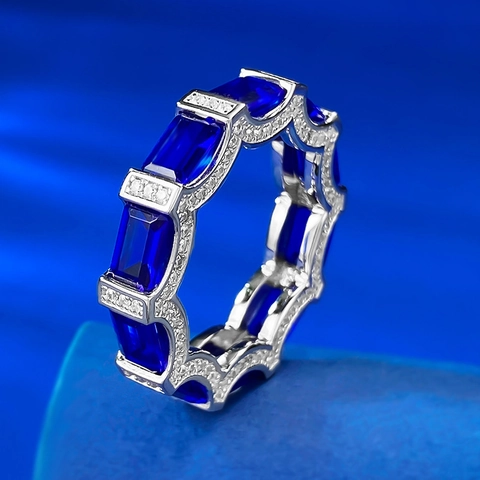 Anello Eternity in Argento Sterling S925 Blu Reale Strass Lusso Geometrico a Onde a Forma di U per Donna Gioielli da Sposa