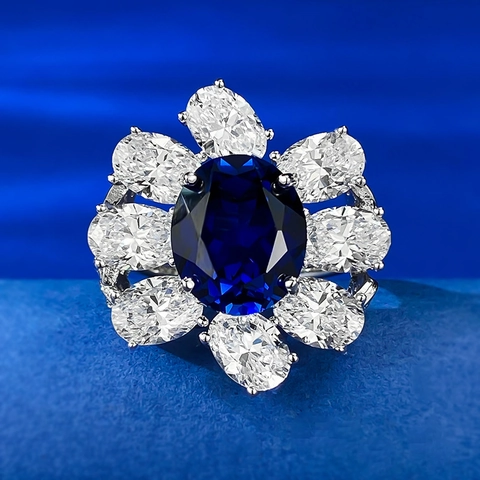 925 Sterling Silver Vintage Oval Synthetic Ruby Sapphire Halo Ring Flower Cluster Rhinestone Cocktail Ring For Women Jewelry