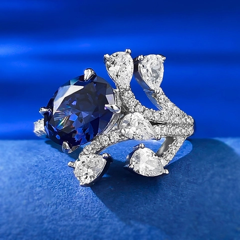 Anello in Argento Sterling 925 Blu Tanzanite Ovale Lussuoso Anello da Cocktail Con Strass per Donna Gioielli da Festa