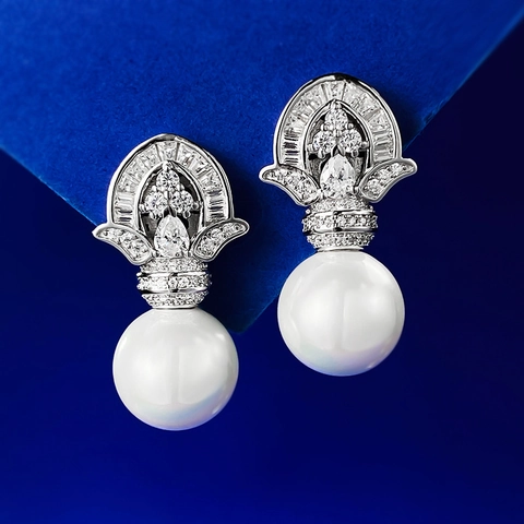 Vintage 925 Sterling Silver Artificial Pearl Drop Earrings Elegant Crown Rhinestone Inlaid Dangle Earrings For Women Jewelry Gift