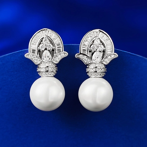 Vintage 925 Sterling Silver Artificial Pearl Drop Earrings Elegant Crown Rhinestone Inlaid Dangle Earrings For Women Jewelry Gift