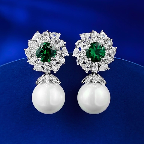 Lussuosi Orecchini a Goccia con Perno in Argento Sterling 925 Perla Artificiale Strass Verde Corona Donna Gioielli Moda