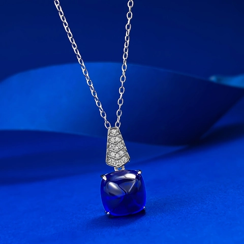 925 Sterlingsilber Königsblau Zuckerhut Kissen Schliff Stein Anhänger Halskette Für Damen Elegant Strass Eingelegt Schmuck