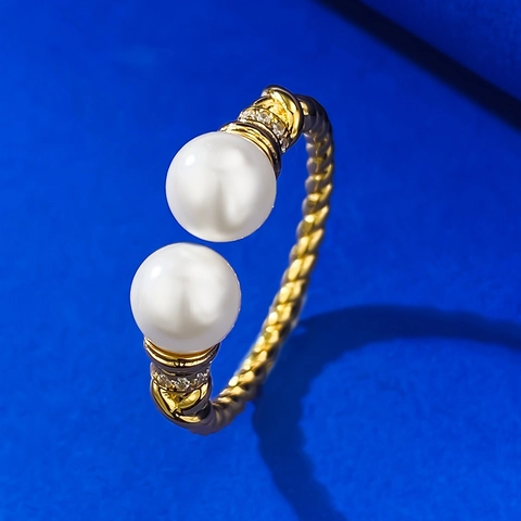 925 Sterlingsilber Offener Ring Für Damen Eleganter Doppelter Künstliche Perle Strass Gedrehtes Seil Verstellbarer Schmuck Ring